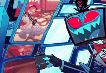 a cartoon character is holding a cup of coffee in front of a screen