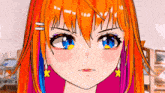 a close up of an anime girl 's face with orange hair