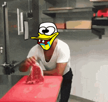 a cartoon of a man cutting a piece of meat with a duck on his head