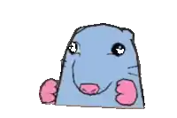 a drawing of a blue hamster with pink paws and a black eye