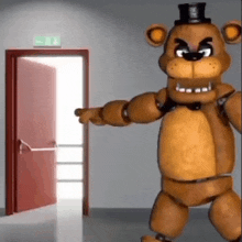 a teddy bear is standing in front of a red door .