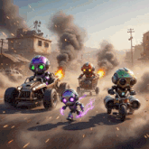 a group of robots are driving cars and motorcycles on a dirt road