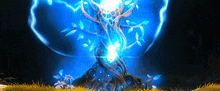 a painting of a tree with blue light coming out of it