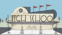 a drawing of a high school building with flags
