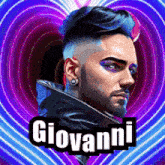 a man with blue hair is standing in front of a heart with the name giovanni written on it .