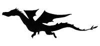 a silhouette of a dragon with wings and a long tail on a white background .