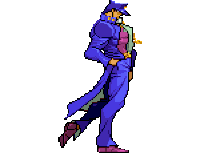 a pixel art drawing of jotaro kujo from jojo 's bizarre adventure is walking .
