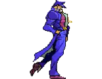 a pixel art drawing of jotaro kujo from jojo 's bizarre adventure is walking .