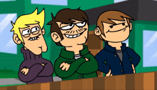 three cartoon characters are standing next to each other with their arms crossed and smiling