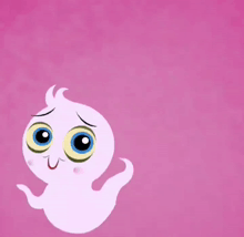 a cartoon ghost with big blue eyes and a sad face on a pink background