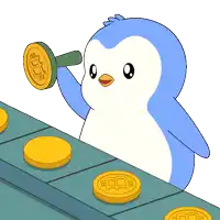 a blue and white penguin is holding a coin that says ' 00 ' on it