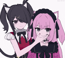 a drawing of a girl with a cat ear and a girl with pink hair