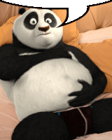 a panda bear is laying on a bed with a speech bubble above it