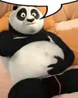a panda bear is laying on a bed with a speech bubble above it