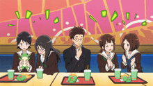 a group of anime characters are sitting at a table eating french fries and drinking soda