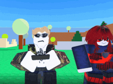 a roblox character holding a gun stands next to a girl with red hair