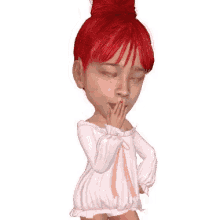 a cartoon girl with red hair is wearing a white shirt and pink shorts .