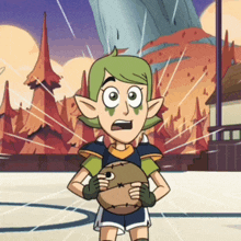 a cartoon character with green hair holding a ball