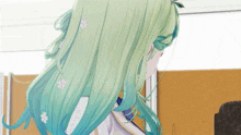 a girl with long green hair and white flowers in it