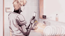 a man in armor is looking at a cell phone in a kitchen .