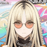 a girl with long blonde hair is wearing sunglasses and a chain around her neck with a hololive devis logo in the background
