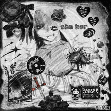 a black and white collage with the words she her on the bottom