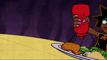 a cartoon character wearing a les nyc shirt is pouring ketchup on a plate of food
