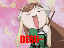 a cartoon character with the word desu on the bottom right