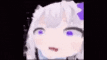 a close up of a girl 's face with purple eyes and a purple flower in her hair .
