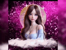 a girl is standing in front of a disco ball on a purple background .