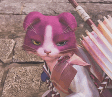 a pink and white cat with yellow eyes is holding a fan