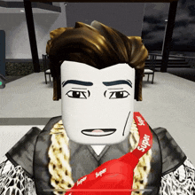 a man wearing a leopard print coat and a red supreme scarf around his neck