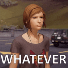 a woman in a t-shirt with a butterfly on it is standing in front of a sign that says whatever