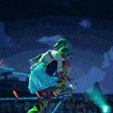 a cartoon drawing of a girl with horns holding a sword in a stadium