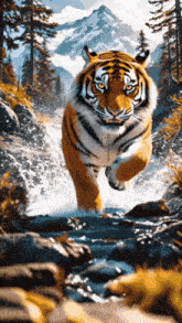 a tiger is running through a waterfall in the mountains .