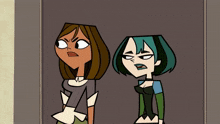 two cartoon characters are standing next to each other and one has an angry expression on her face