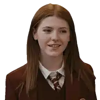 a girl with long red hair is wearing a school uniform