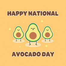 three avocados are standing next to each other with the words happy national avocado day above them