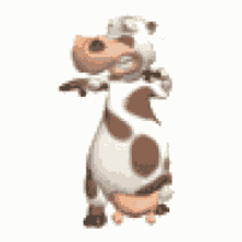 a cartoon cow is standing on its hind legs with its arms outstretched on a white background .