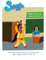 a cartoon of a superhero standing in front of a sign that reads mijn grote inspiratie
