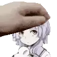 a hand is putting a hat on a girl 's head in a pixel art style .