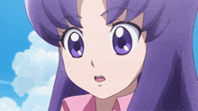 a girl with purple hair and a pink shirt looks at the camera