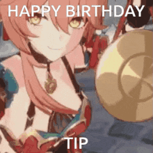 a girl with pink hair is holding a cymbal and says happy birthday tip