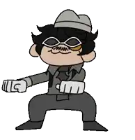a cartoon character with a hat , sunglasses and a mustache is standing on his knees .