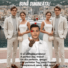 a picture of a man blowing a kiss with the words buna dimineata written above him