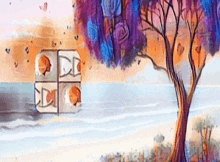 a painting of a tree in the middle of a lake with a house in the background .