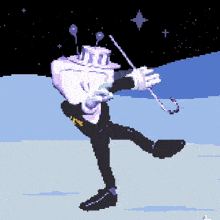a pixel art drawing of a man in a top hat holding an umbrella