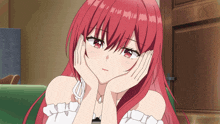 a red haired anime girl with her hands on her face
