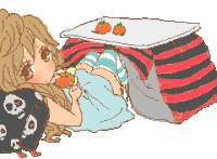 a pixel art of a girl laying under a table