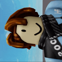 a cartoon character with a smiley face and a blue shirt with the letter h on it